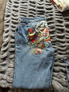 Ed Hardy Blue Denim Jeans with Colorful Embroidered Snake and Tiger Patch